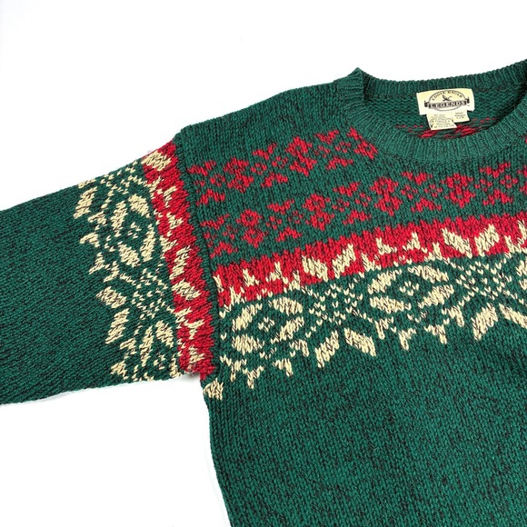 Eddie Bauer Legends Vintage 100% Wool Green Knit Fair Isle Snowflake Sweater - Picture 3 of 7